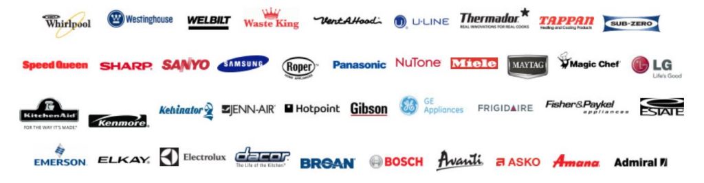 A collection of appliance brand logos including: Whirlpool, Westinghouse, Welbilt, Waste King, Vent A Good, U-Line, Thermasor, Tappan, Sub-Zero, Speed Queen, Sharp, Sanyo, Samsung, Roper, Panasonic, NuTone, Miele, Maytag, Magic Chef, LG, KitchenAid, Kenmore, Kelvinator, Jenn-Air, Hotpoint, Gibson, GE Appliances, Frigidaire, Fisher & Paykel, Estate, Emerson, Elkay, Elecrolux, Dacor, Broan, Bosch, Avanti, Asko, Amana, Admiral