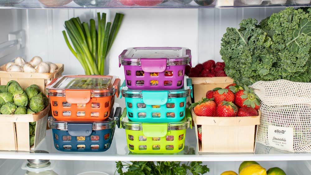 Interior shot of refrigerator, full of fresh fruits and vegetables
