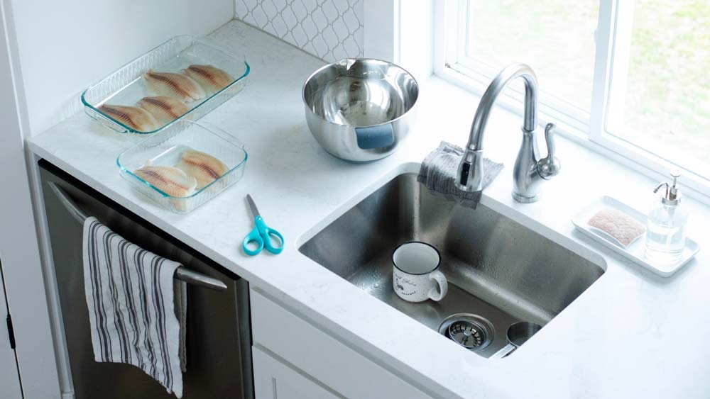 A kitchen sink with garbage disposal